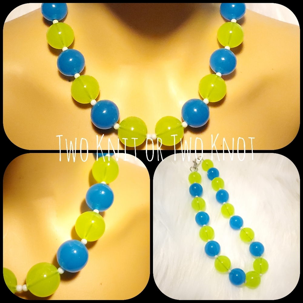 Hand Crafted Blue and Lime Chunky Round Bead Statement Necklace Seattle Seahawks